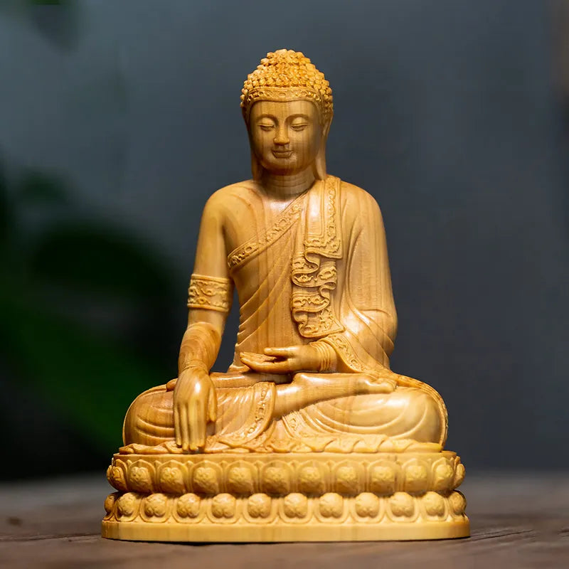 Estatua de Buda de madera de ciprés tallada a mano